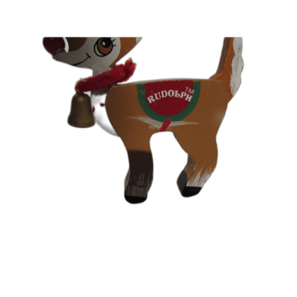 Vintage Rudolph wooden ornament May Co 1983 bell red nose reindeer bell on neck - Picture 4 of 6